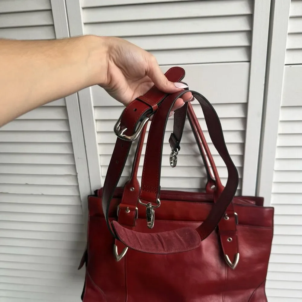 Vintage Red Leather Bag Zip Top Buckle Accents Silver Hardware